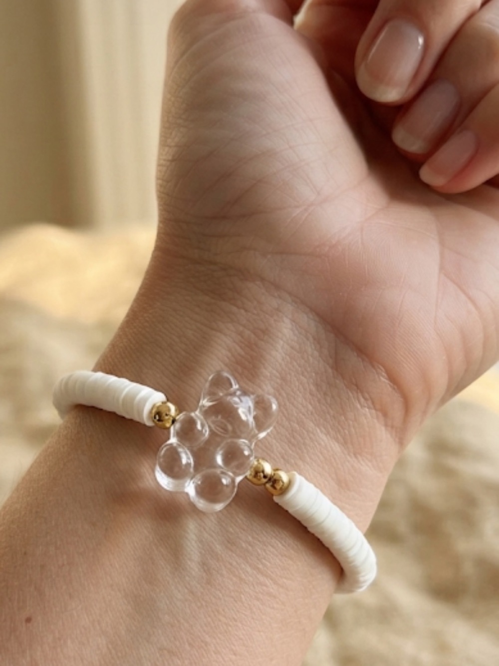 Clear Gummy Bear Bead Bracelet with White Heishi and Gold Accents